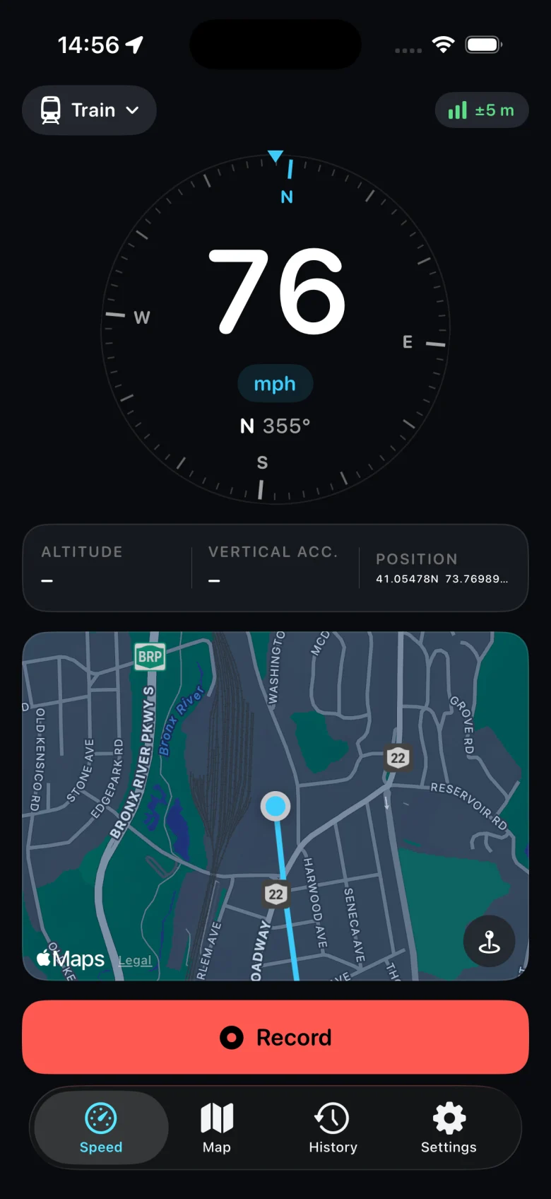 The Groundspeed dashboard on an iPhone: 76 mph in a compass ring reading 355 degrees, train mode, a signal pill showing plus or minus 5 metres, and a live map with the route trail behind.