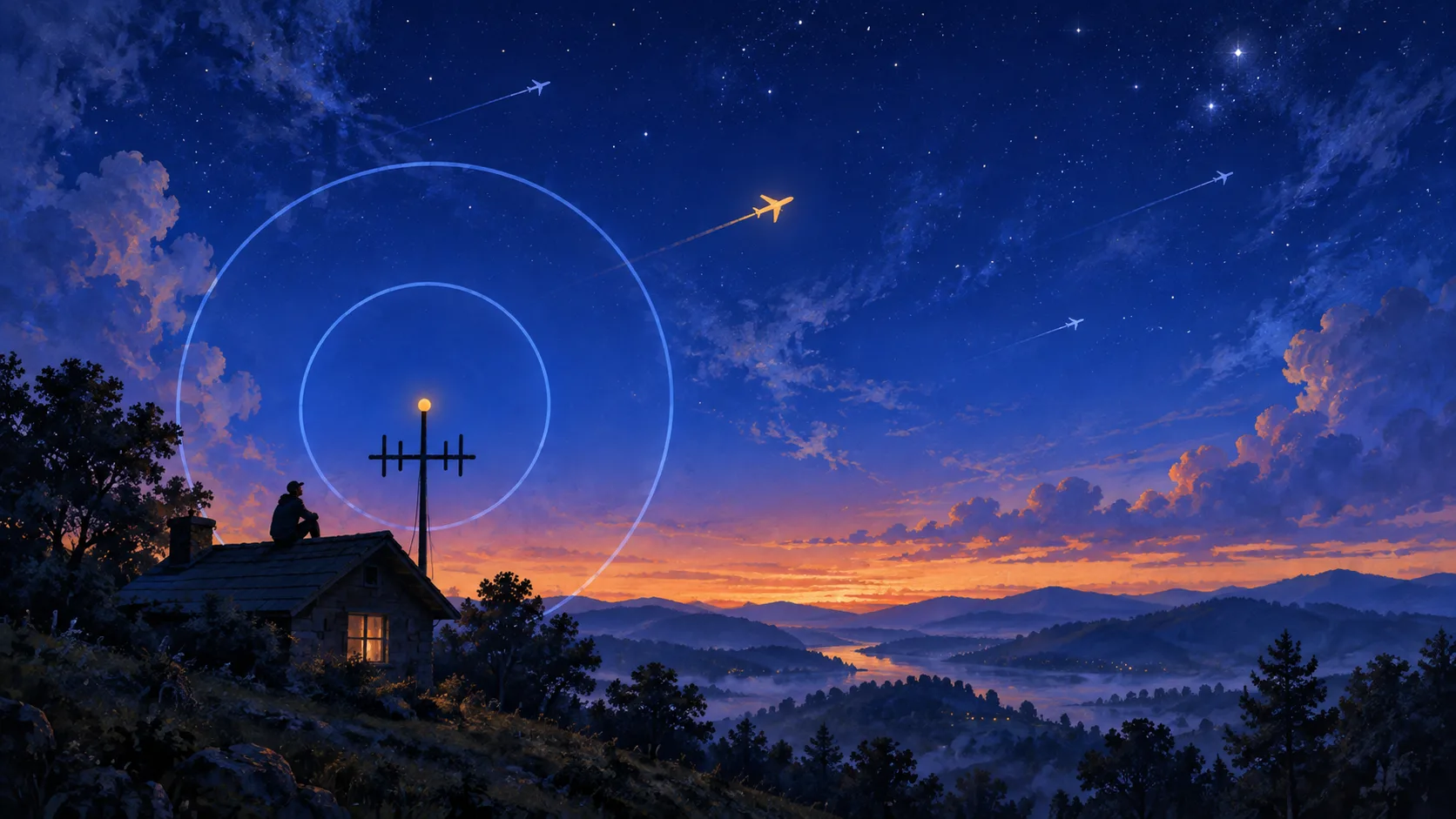A person sitting on the roof of a hillside cabin at dusk, beside an antenna throwing concentric rings into a star field crossed by airliner contrails.
